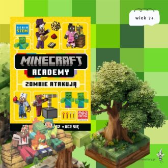 Okładka książki Minecraft Academy Zombie atakują z grafikami postaci i drzewem na zielonym tle.