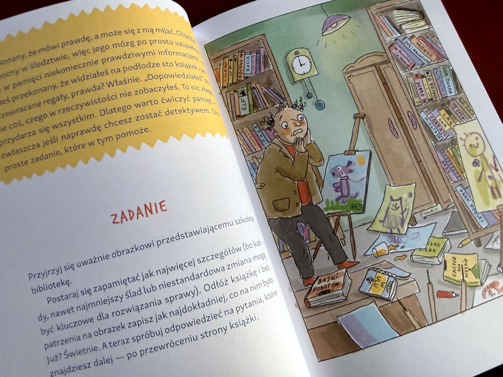 Ilustracja biblioteki szkolnej wewnątrz książki służąca jako zadanie dla młodych czytelników detektywów.