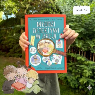 Okładka książki Młodzi detektywi w akcji z kolorową grafiką przedstawiającą grupę dzieci rozwiązujących zagadkę.