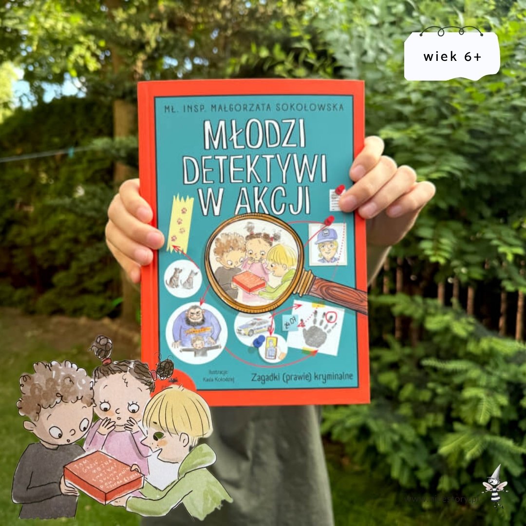 Okładka książki Młodzi detektywi w akcji z kolorową grafiką przedstawiającą grupę dzieci rozwiązujących zagadkę.