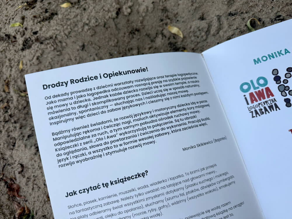 Strona wstępu książki Olo i Awa Logopedyczna Zabawa z tekstem skierowanym do rodziców o wspieraniu rozwoju mowy dziecka.