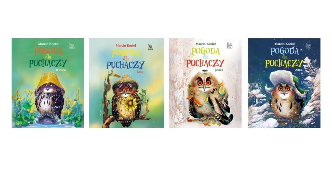 Pogoda dla puchaczy ilustracja przedstawiająca okładki wszystkich czterech tomów