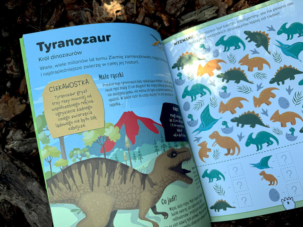 Rozkładówka z Tyranozaurem, ciekawostkami i zadaniem wyszukiwawczym dla dzieci