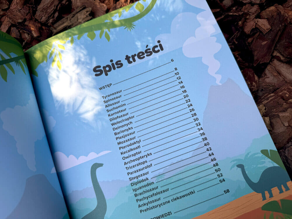 Spis treści książki Spacer wśród dinozaurów z Tyranozaurem, ciekawostkami i zadaniem dla dzieci
