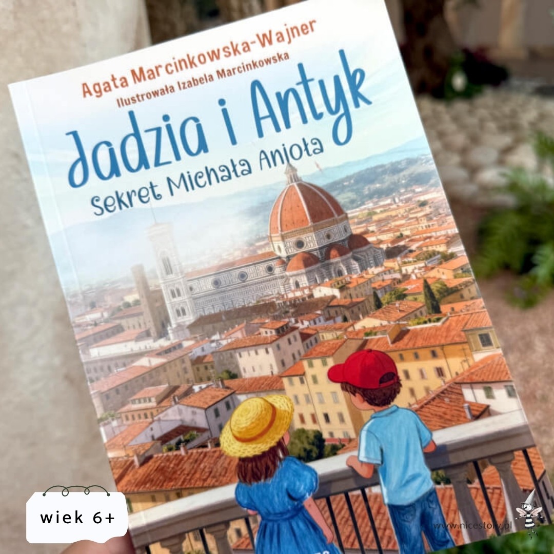Okładka książki Jadzia i Antyk Sekret Michała Anioła z ilustracją panoramy Florencji i dwojgiem dzieci