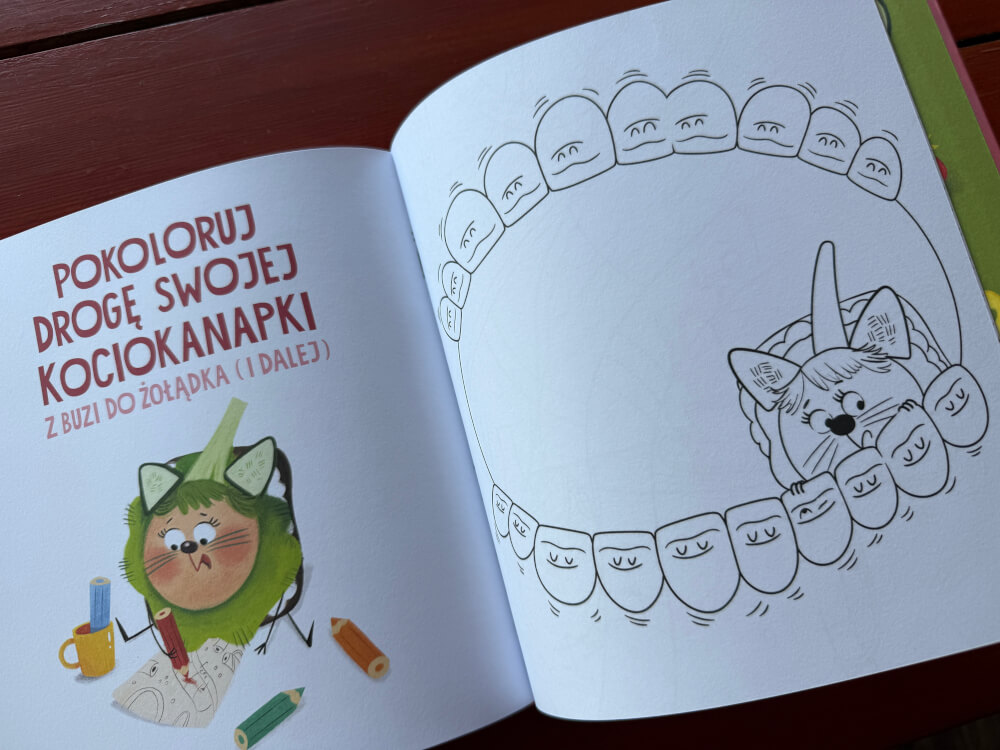 Czarno-biała kolorowanka z zębami i postaciami z książki o przygodach pożywienia.