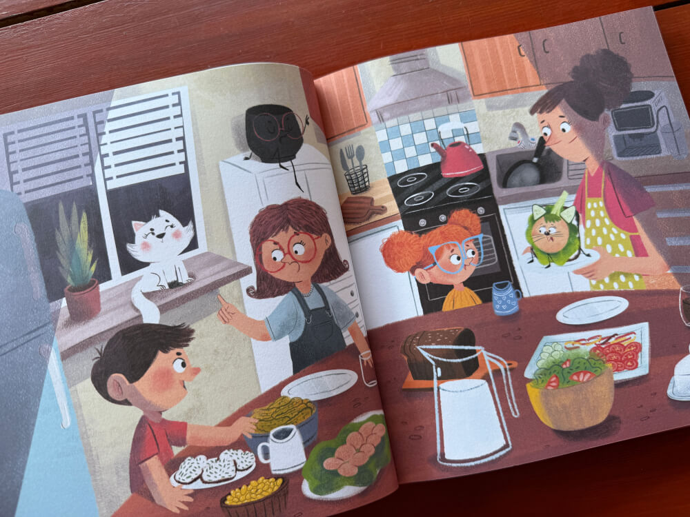 Ilustracja kuchni z rodziną i postaciami przygotowanymi do edukacyjnej podróży po ciele.