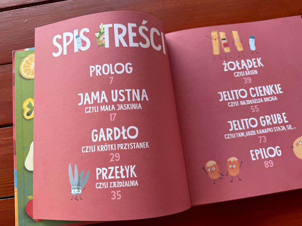 Strona ze spisem treści książki edukacyjnej o trawieniu z podziałem na etapy układu