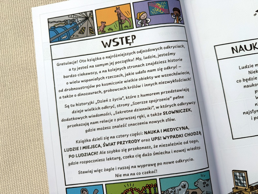 Strona wstępu w książce popularnonaukowej dla dzieci Dzień z życia mumii, zarazków i różnych wynalazków.