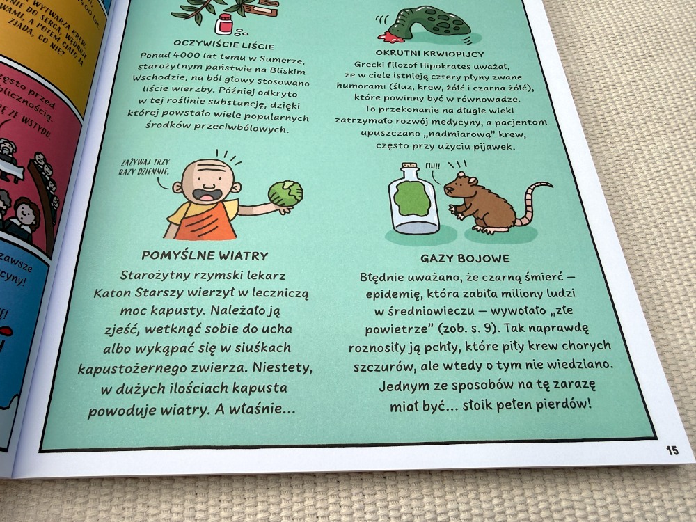 Komiksowa strona o historii medycyny z książki Dzień z życia mumii, zarazków i różnych wynalazków dla dzieci.