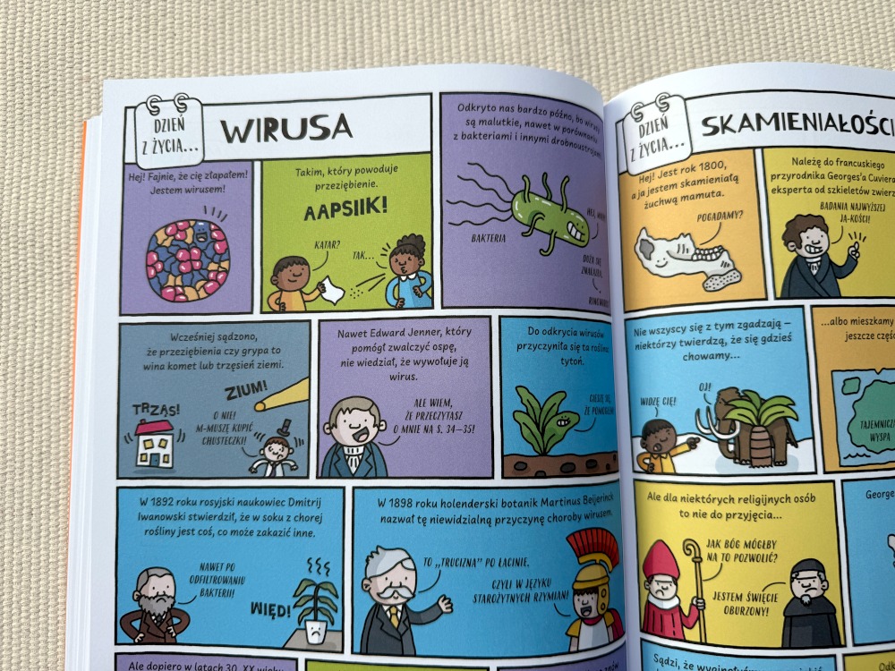 Komiksowy rozdział Dzień z życia wirusa i skamieniałości w popularnonaukowej książce dla dzieci i młodzieży.