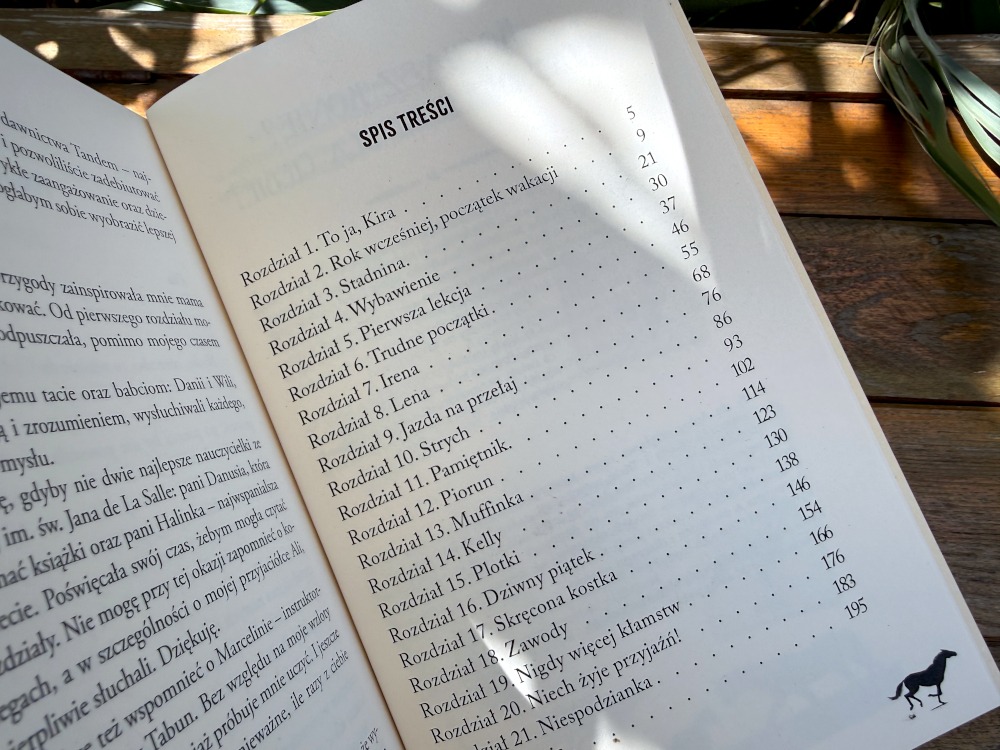 Spis treści książki Kira i czarny rumak pokazujący listu dwudziestu jeden rozdziałów oraz numerację stron.