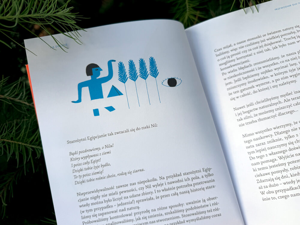 Strona z ilustracją postaci i kłosów zbóż oraz tekstem o starożytnych Egipcjanach i rzece Nil.