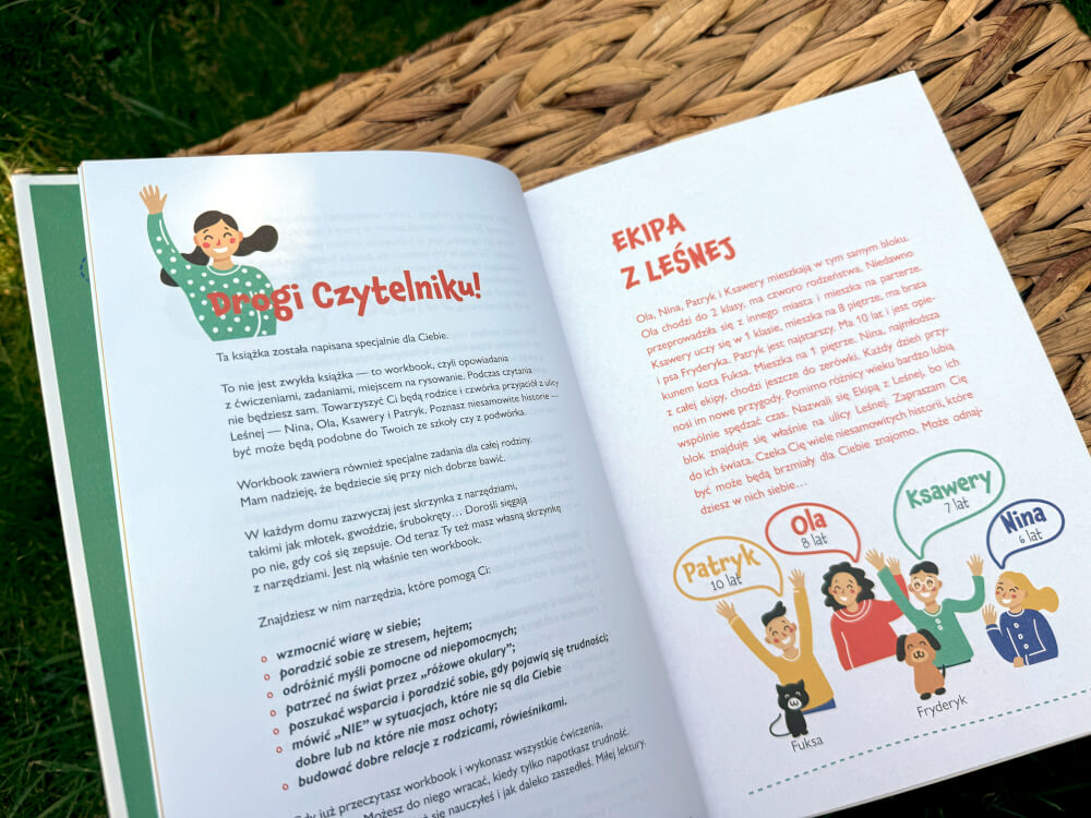 Strony książki Odporność psychiczna dziecka zawierające list Drogi Czytelniku i przedstawienie Ekipy z Leśnej.