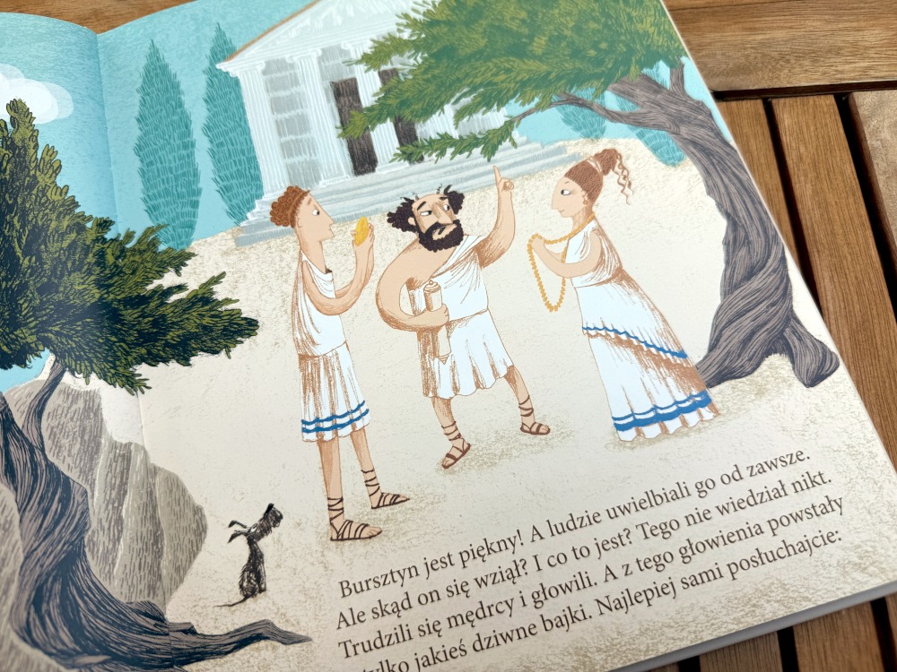 Ilustracja z książki Skad bursztyn w Bałtyku przedstawiająca postacie w antycznych strojach pod drzewem oliwnym (