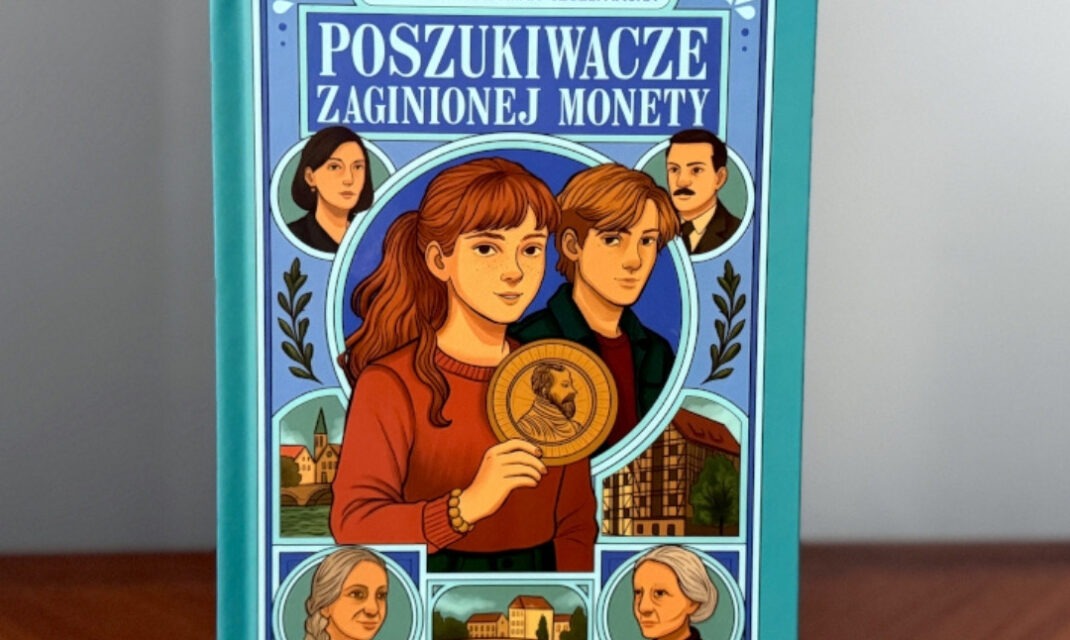 Okładka książki Poszukiwacze Zaginionej Monety autorstwa Agnieszki Rautman-Szczepańskiej z ilustracjami postaci i architektury