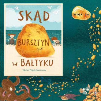 Okładka książki Skąd bursztyn w Bałtyku autorstwa Marty i Wojtka Kurczewskich z rysunkiem bryły bursztynu i morza (