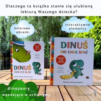Dwie książki Dinuś o dinozaurach na drewnianym stole z elementami interaktywnymi i sceną pop-up.