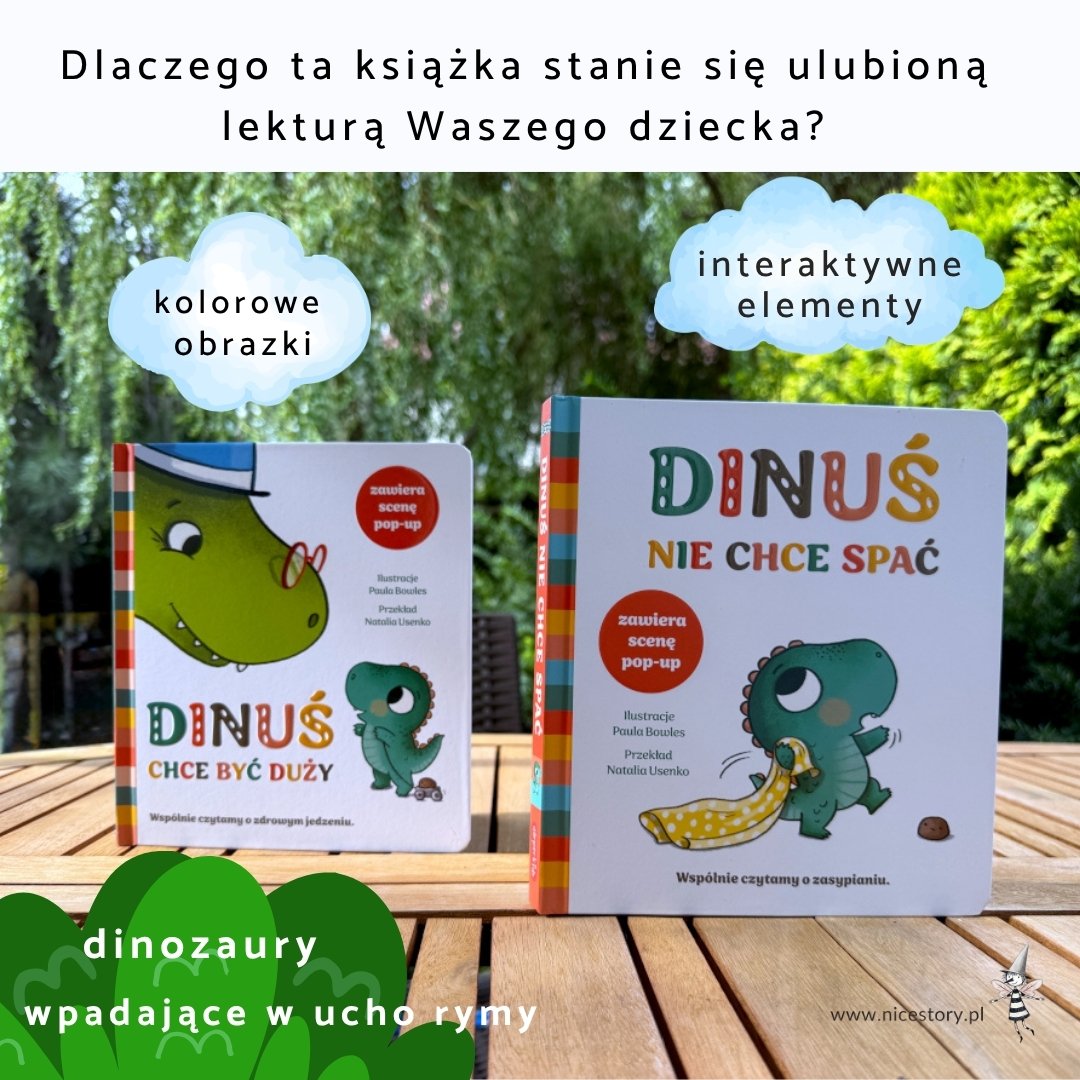 Dwie książki Dinuś o dinozaurach na drewnianym stole z elementami interaktywnymi i sceną pop-up.