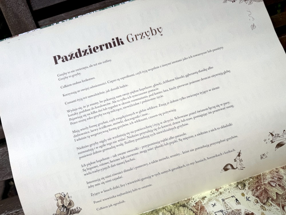 Rozdział Październik Grzyby z książki Wielki ogród zawierający tekst o grzybach, ich kapeluszach i leśnych zwierzętach.