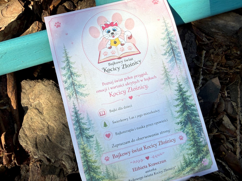 Grafika promocyjna książki Bajkowy świat Kocicy Złośnicy z postacią kotki i opisem bajkoterapii