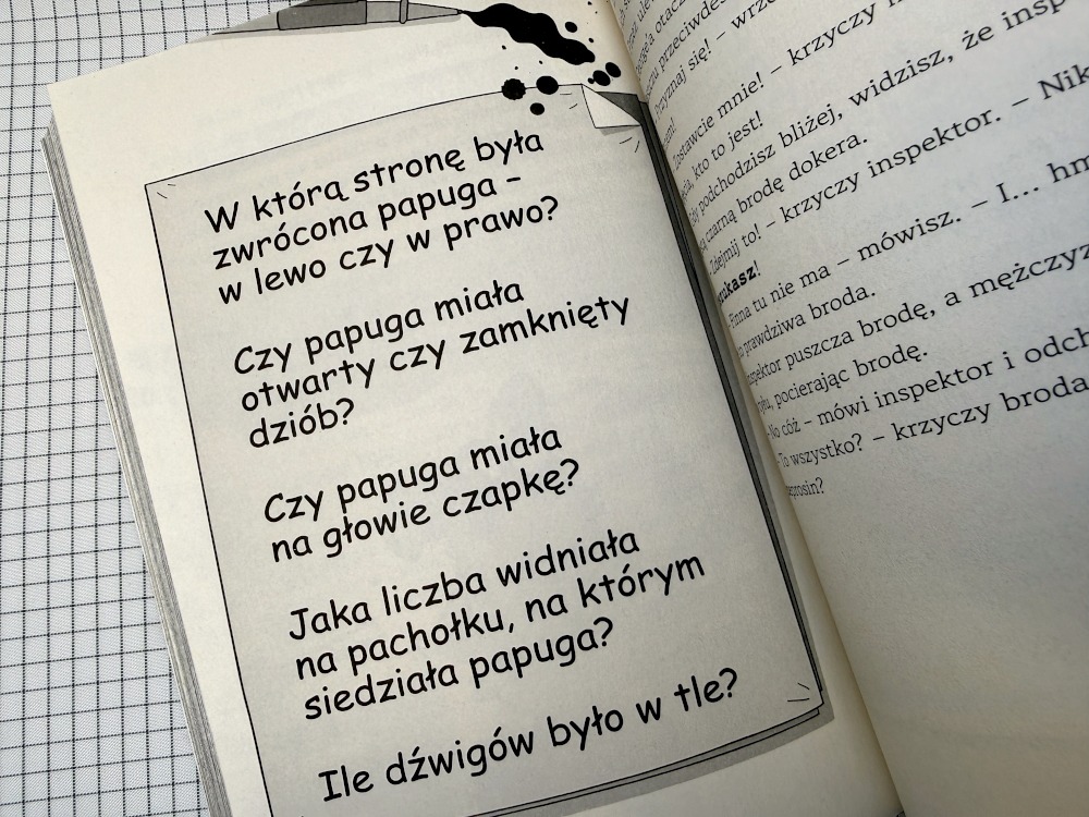 Pytania testowe do zagadki z papugą na stronie książki z serii Detektogramy Tim Collins
