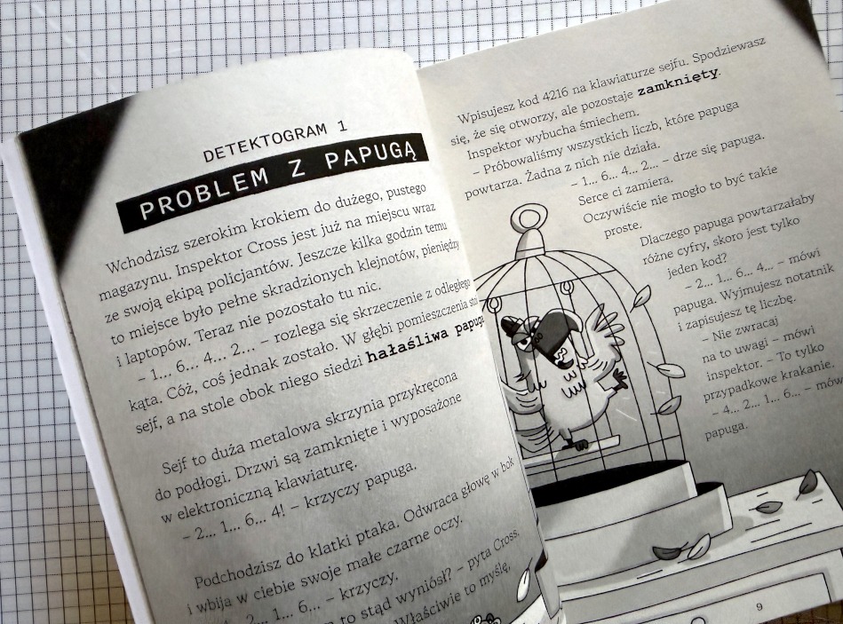 Detektogram 1 Problem z papugą ze strony książki Detektogramy przedstawiający klatkę z ptakiem