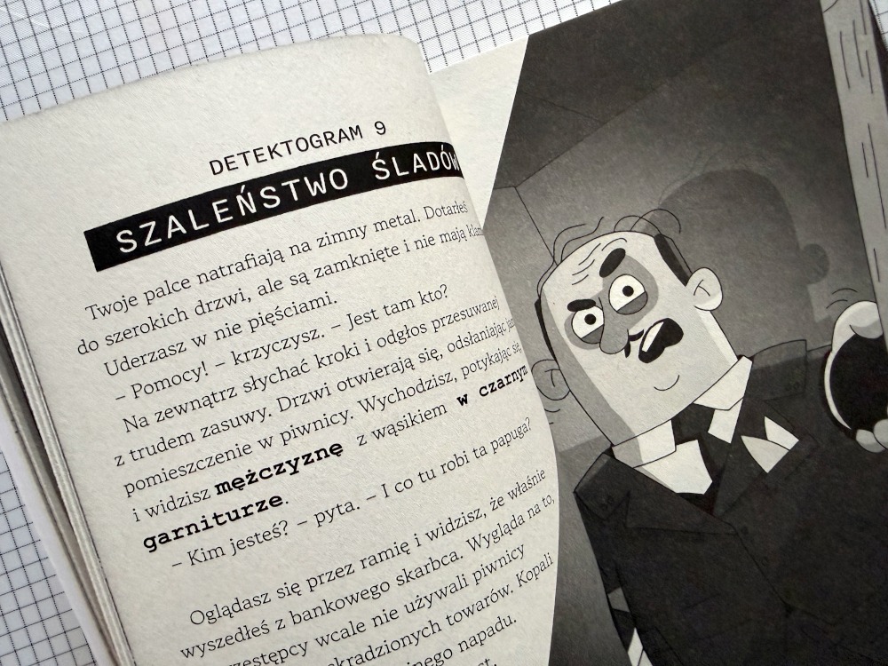 Detektogram 9 Szaleństwo śladów z ilustracją mężczyzny w garniturze w książce Detektogramy