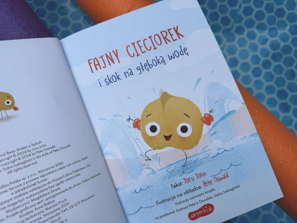Strona tytułowa książki Fajny Cieciorek i skok na głęboką wodę z postaciami i informacjami.