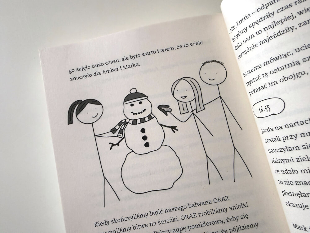 Ręczny rysunek bohaterów książki Lottie Brooks lepiących bałwana na śniegu.