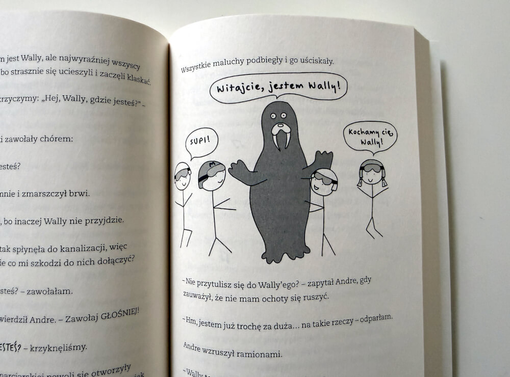 Ilustracja z książki Lottie Brooks przedstawiając postaci w goglach i morsa Wally.