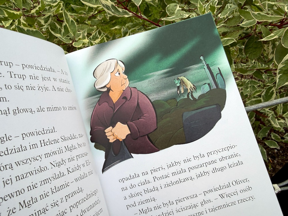 Ilustracja z książki Operacja Zombi przedstawiająca zaniepokojoną postać Heleny Skodde zwaną Mgłą oraz postać na cmentarzu.