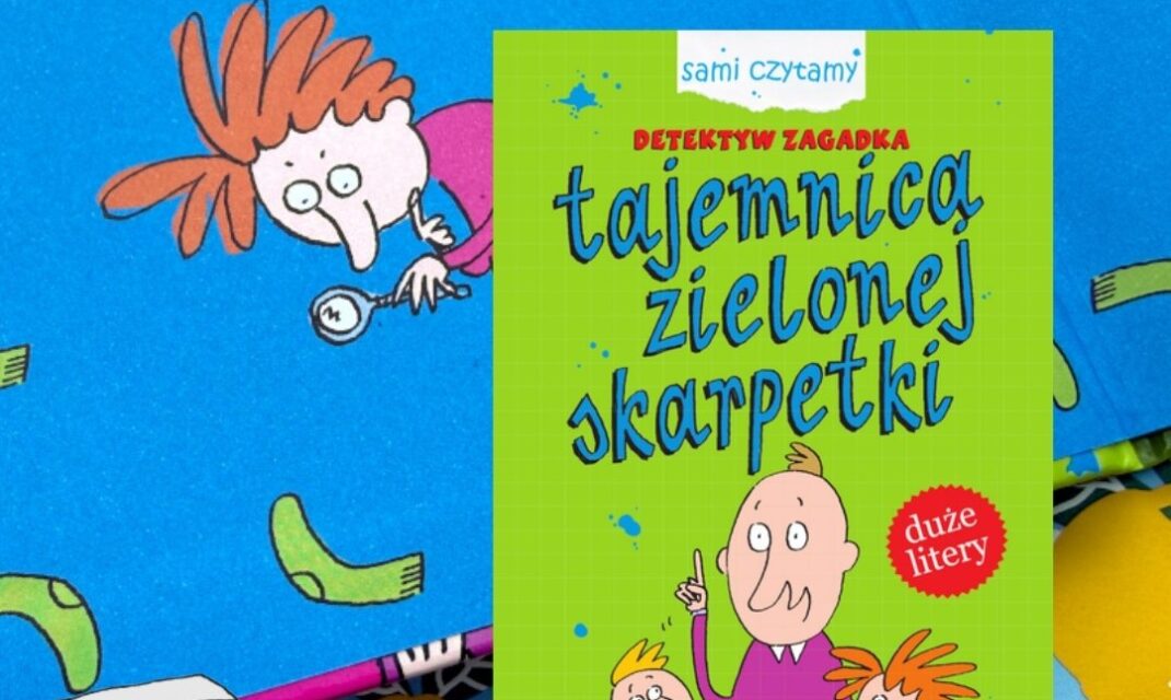 Okładka książki dla dzieci Detektyw Zagadka i tajemnica zielonej skarpetki na niebieskim tle w kratkę, z postaciami detektywa, Basi i Bartka.