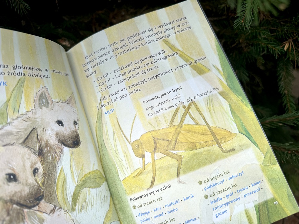 Strona z książki Wilcze uszy z rysunkiem konika polnego w trawie