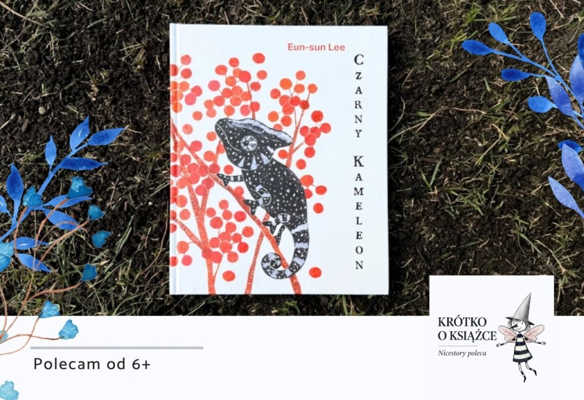 Otwarta książka „Czarny Kameleon” Sun-sun Lee z ilustracjami małych kameleonów
