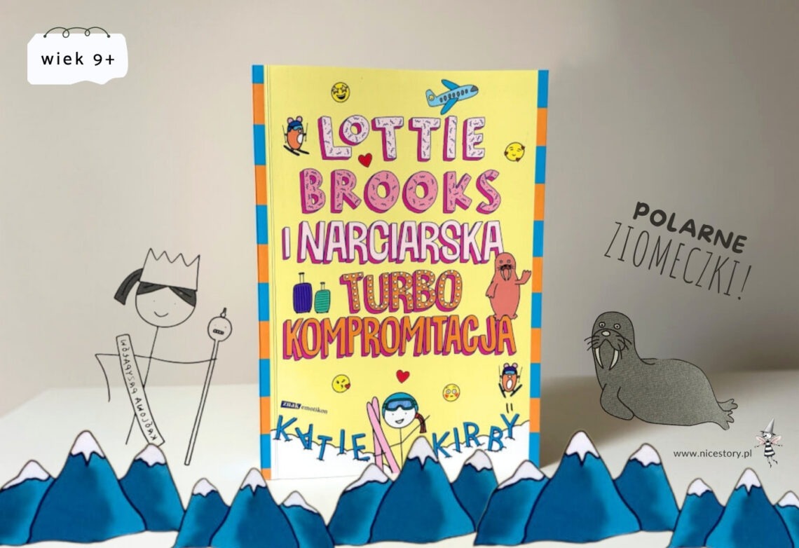 Okładka książki Lottie Brooks i narciarska turbo kompromitacja na tle zimowej dekoracji.