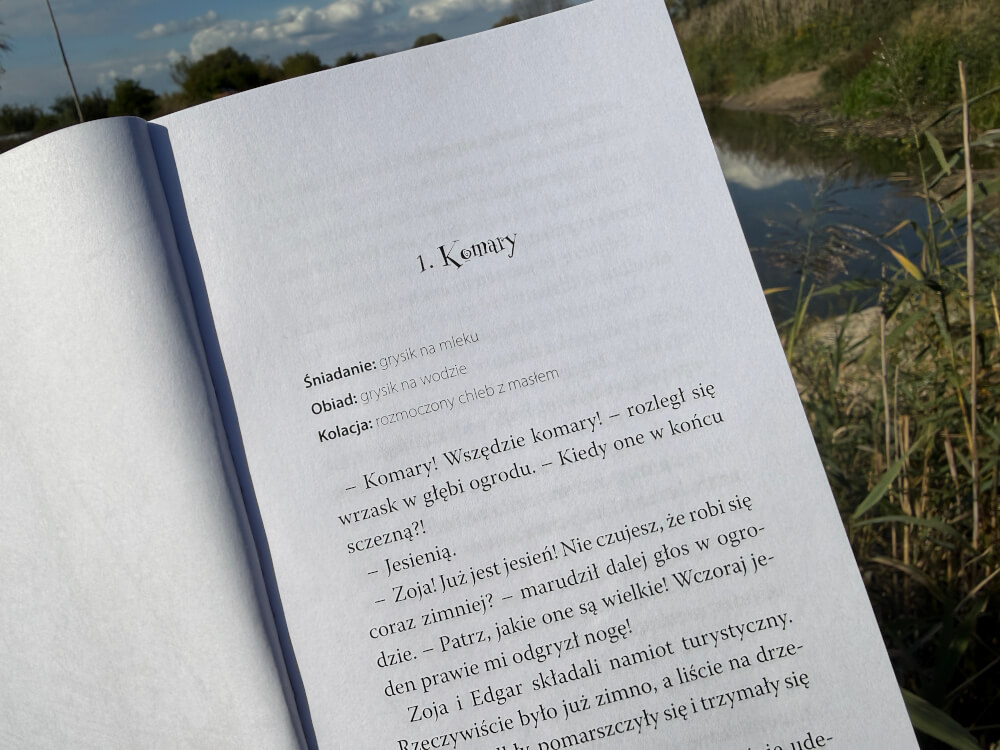 Zbliżenie na pierwszą stronę tekstu z tytułem „1. Komary” i listą posiłków Zoi.