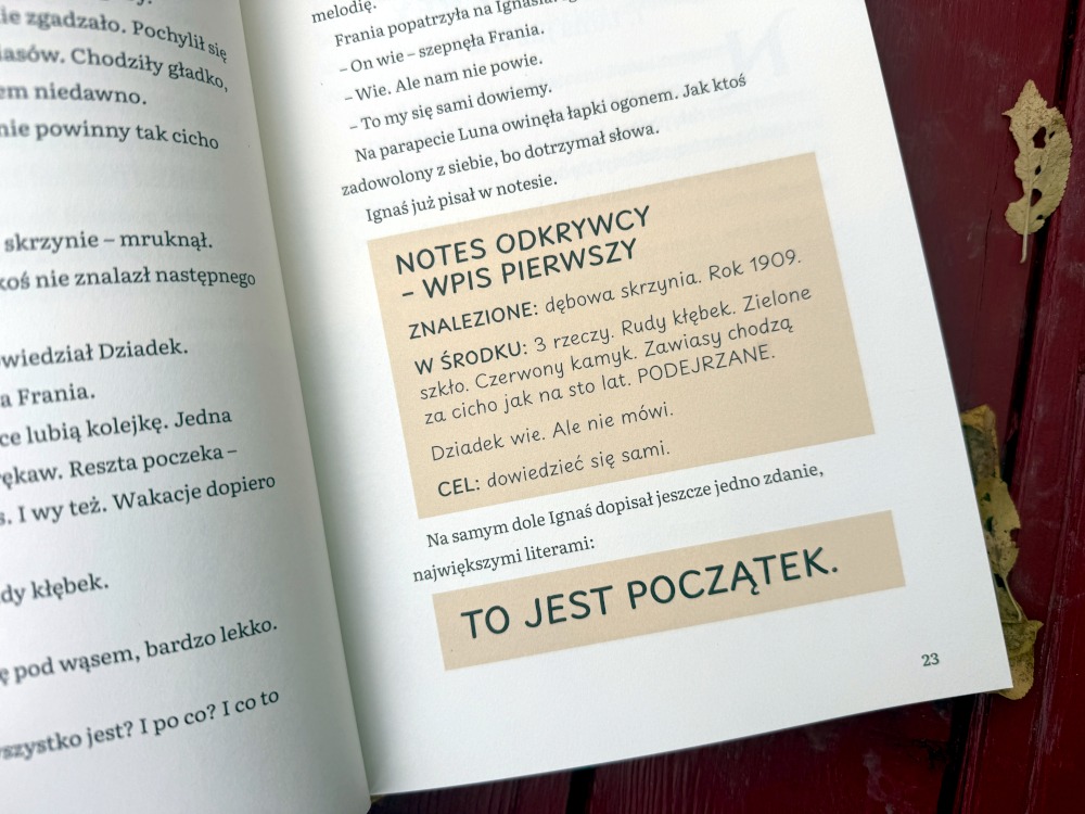 trona z nagłówkiem Notes Odkrywcy Wpis Pierwszy na żółtym tle w dziecięcej książce Przygoda w Karkonoszach