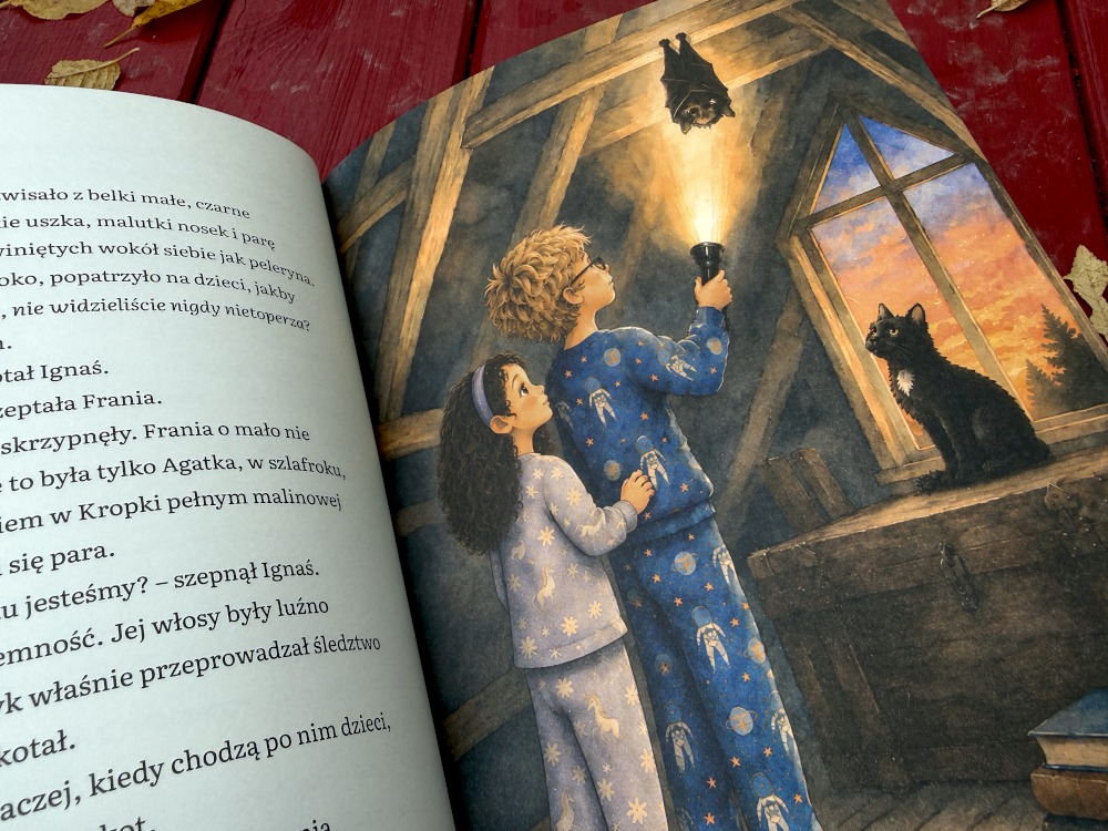 Ilustracja w książce Przygoda w Karkonoszach ukazująca rodzeństwo z latarką na strychu obserwujące nietoperza i kota.