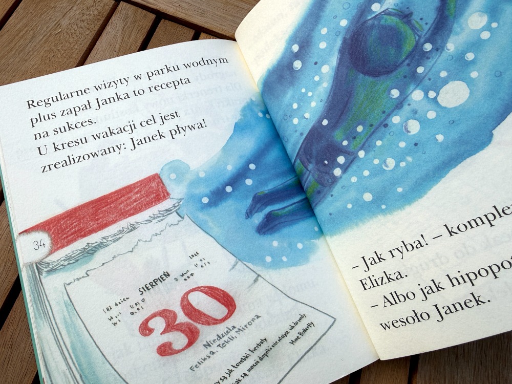 Janek pływa jak ryba ilustracja z książki pokazująca kartkę z kalendarza i płynącego chłopca
