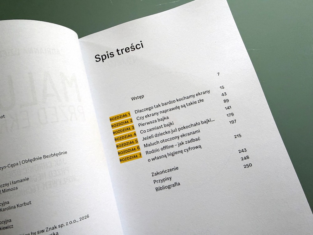 pis treści książki Maluch przed ekranem ze spisem poszczególnych rozdziałów i podrozdziałów.