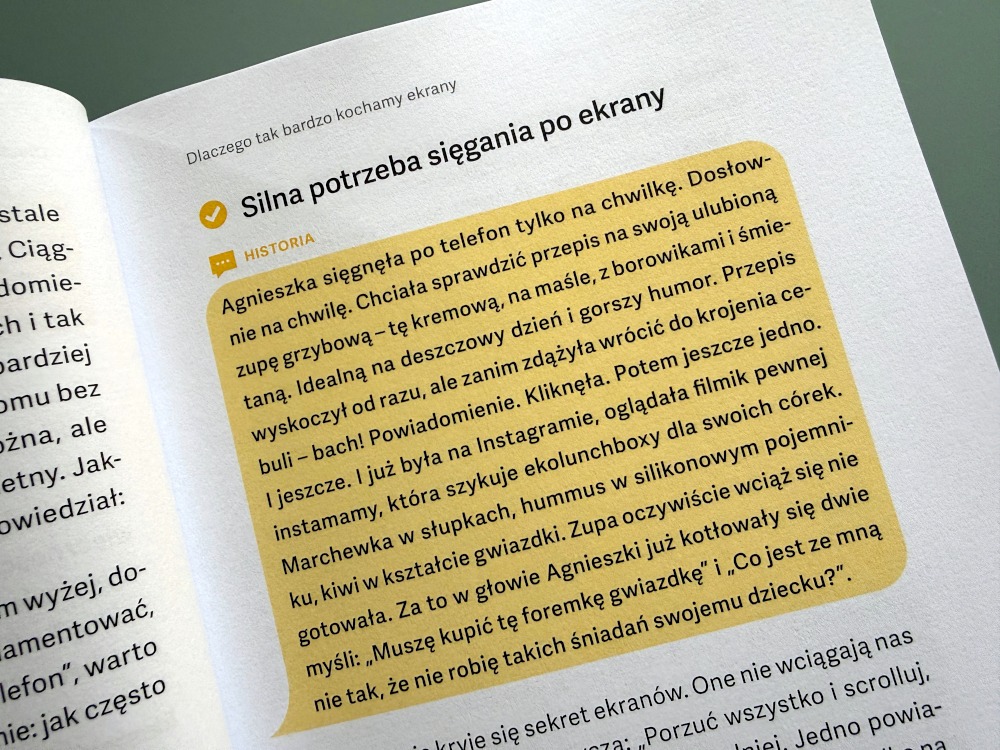 Wyróżniona sekcja Historia z opisem nawyków w rozdziale książki Maluch przed ekranem.