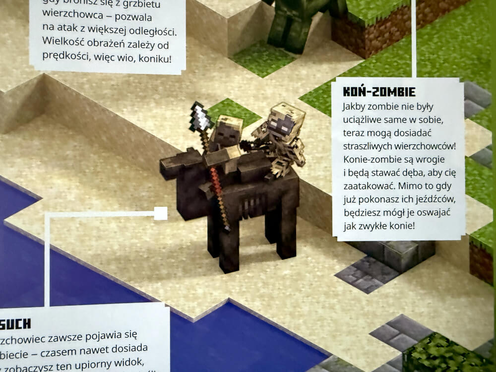 Strona z Minecraft Rocznik 2027 przedstawiająca opis i mechanikę nowego moba koń zombie.