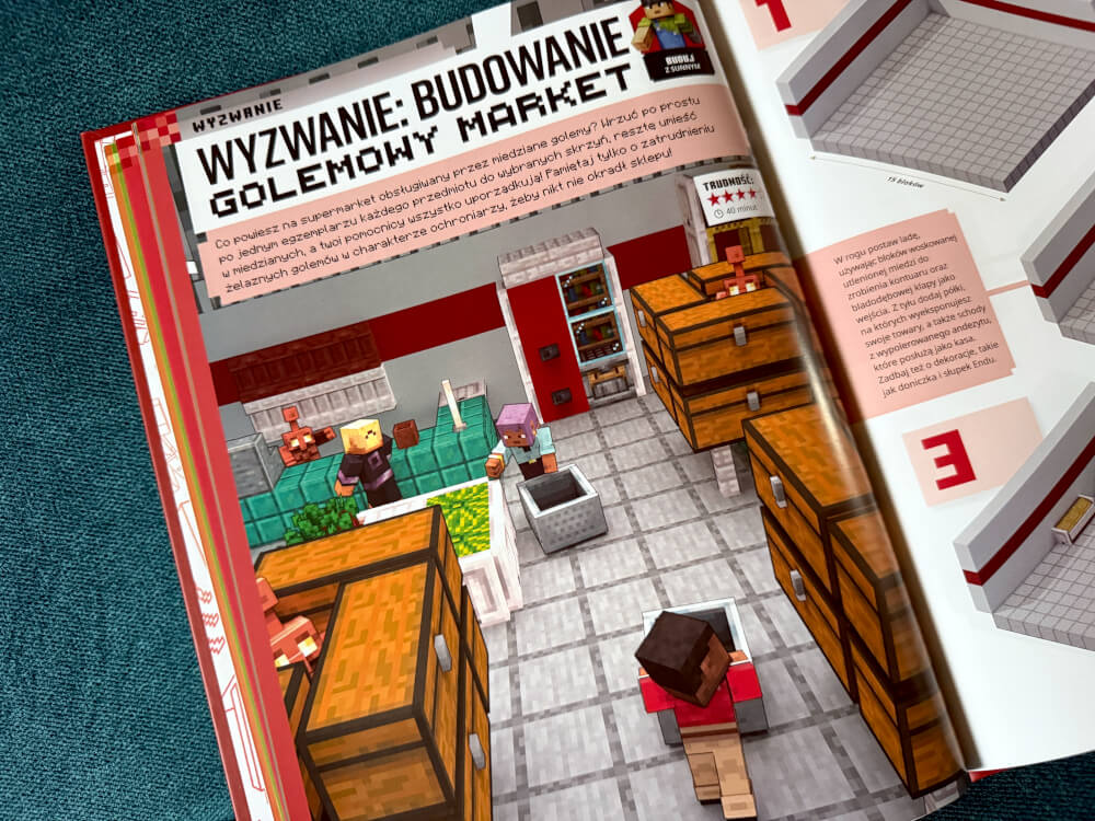 Instrukcja budowania marketu z miedzianymi golemami w książce Minecraft Rocznik 2027.
