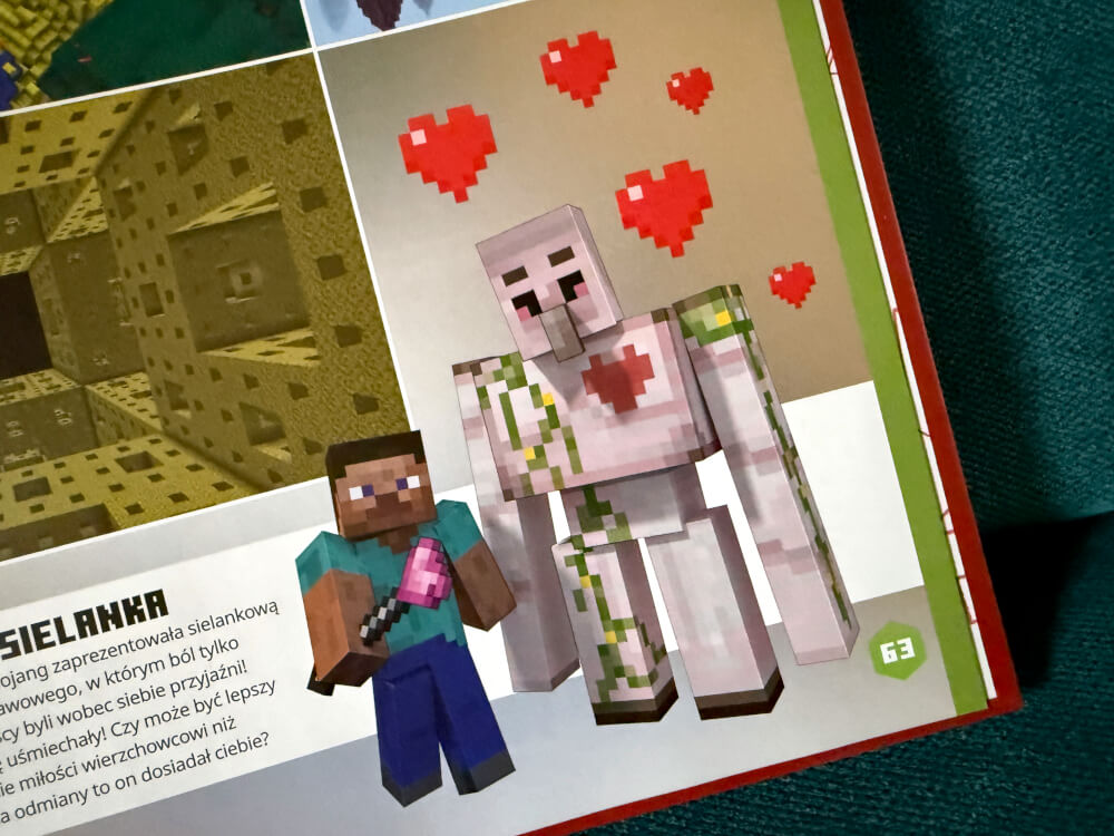 Ilustracja postać gracza i żelazny golem otoczeni sercami w książce Minecraft Rocznik 2027.