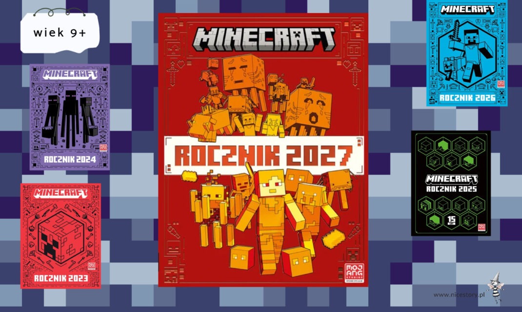 Minecraft Rocznik 2027 z oznaczeniem wiek 9+ na tle kolekcji poprzednich roczników od 2023.