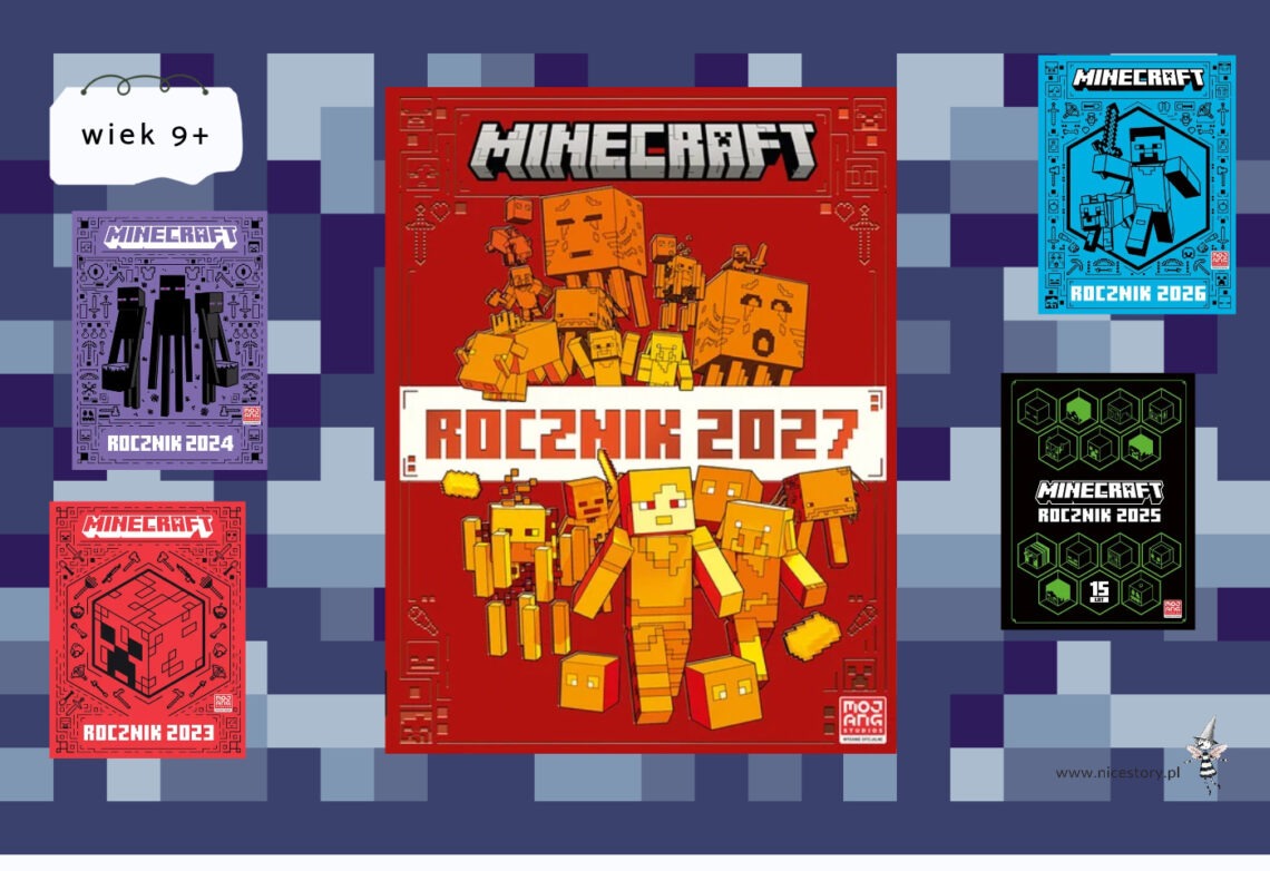 Minecraft Rocznik 2027 z oznaczeniem wiek 9+ na tle kolekcji poprzednich roczników od 2023.