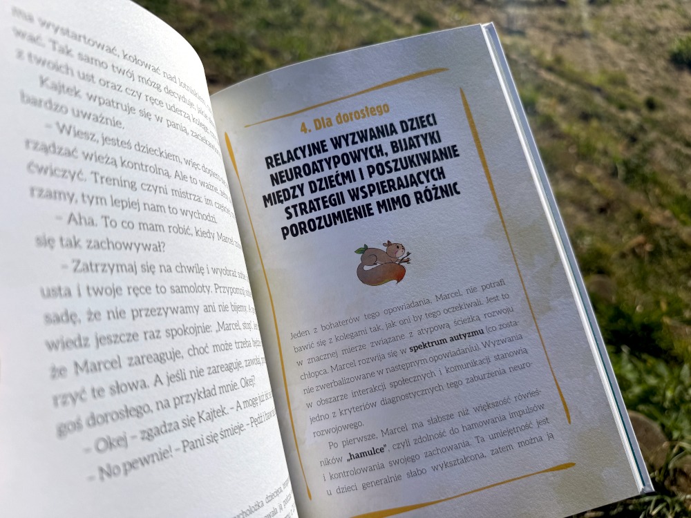 Strona książki z ramką dla dorosłego omawiająca relacyjne wyzwania dzieci neuroatyypowych.