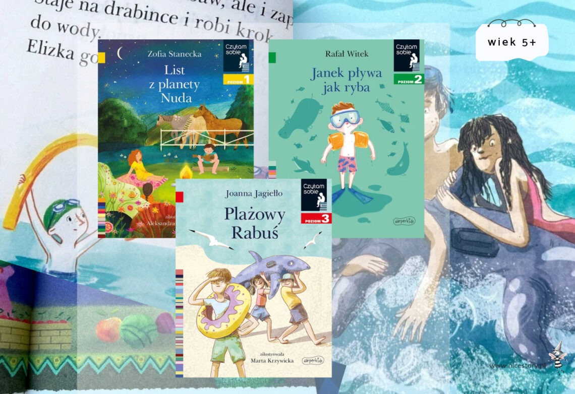Zestawienie książek dla dzieci z serii Czytam sobie na poziomie 1, 2 i 3 z elementem wiek 5+ na tle ilustracji.